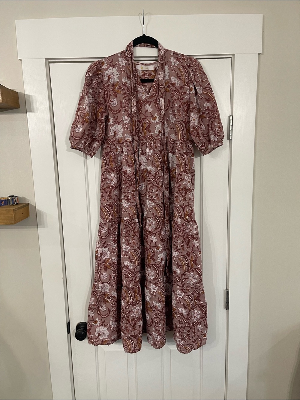 Tuckernuck Bindu Petal Mauve Brown Block Print Floral Midi Puff Sleeve Dress